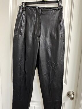 Zara Black Faux Leather Waistband Detail Pants